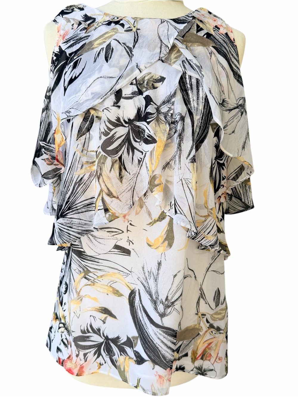White House Black Market WHBM Cold Shoulder Floral Ruffled Blouse Top Small